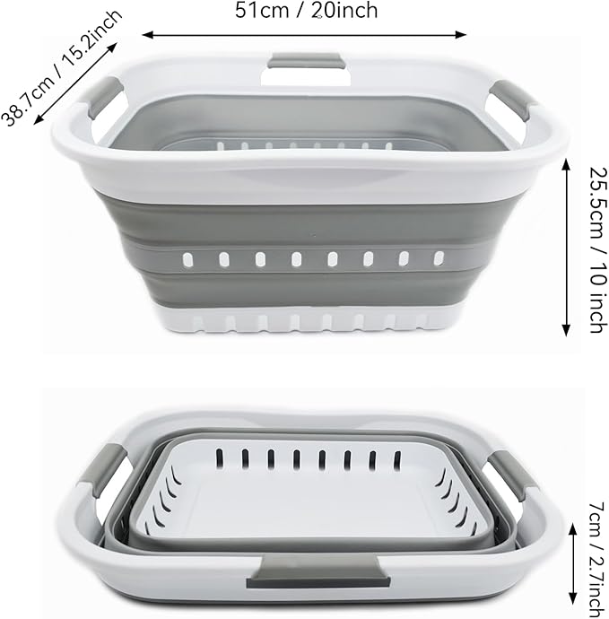SAMMART 30L (8 gallon) Collapsible 3 Handled Plastic Laundry Basket - Foldable Pop Up Storage Container/Organizer - Space Saving Hamper/Basket (White/Grey)