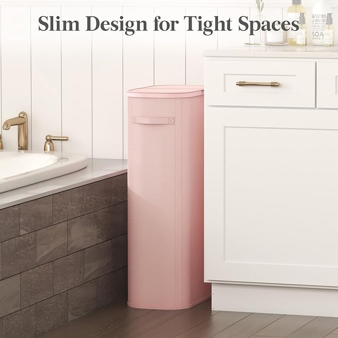 Lifewit 75L Slim Laundry Basket with Lid, Narrow Large Laundry Hamper with Plastic Handles and Removable Bag, Tall Foldable Dirty Clothes Hampers for Laundry Room, Bedroom, Bathroom, Dorm, Pink
