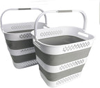 SAMMART 40L (10.5 Gallon) Collapsible Plastic Laundry Basket with Handles - Foldable Pop Up Storage Container/Organizer - Portable Laundry Hamper - Space Saving (2, White/Grey)