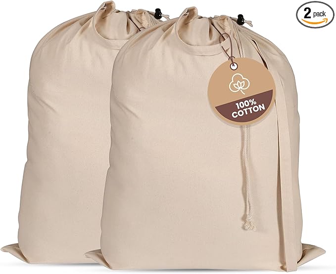 LFH Home 100% Cotton Canvas Extra Large Laundry Bag with Drawstring and Handles Heavy Duty, Multi-Use, and Washable for Home, Travel, College or Storage 28x36 (Pack of 2)-Natural