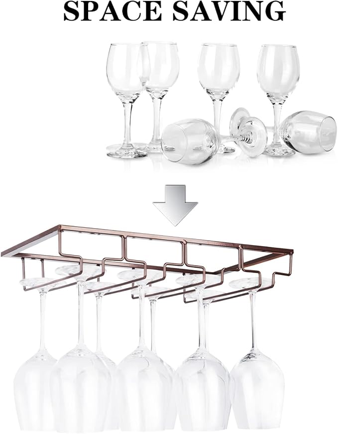 Wine Glass Rack - Under Cabinet Stemware Wine Glass Holder Glasses Storage Hanger 2 Pack Metal Organizer for Bar Kitchen 4 Rows Brown
