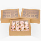 Bakepacker 12 Cupcake Containers 20-Packs Brown 12 Count Cupcake Boxes with Window Cupcakes Carrier, 13"x10"x3.5"（Auto-pop up）