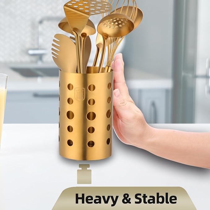 QRU Kitchen Utensil Holder for Countertop (H6.7” x W4.1”), Stainless Steel Cooking Utensil Caddy for Tools, Spatulas, Spoons, Silverware & More, Cooking Utensil Organizer, Kitchen Decor (Gold)