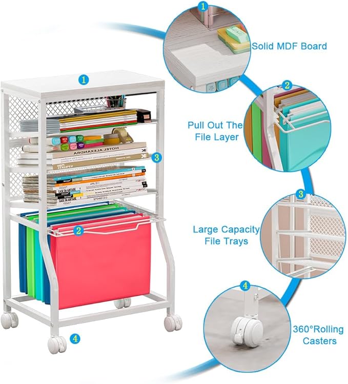 5-Tier Rolling File Cart, Under Desk Storage Organizer with Lockable Wheels & Mesh Sliding Trays, Multi-Functional Mobile Utility Cart for Office, Home, School, White