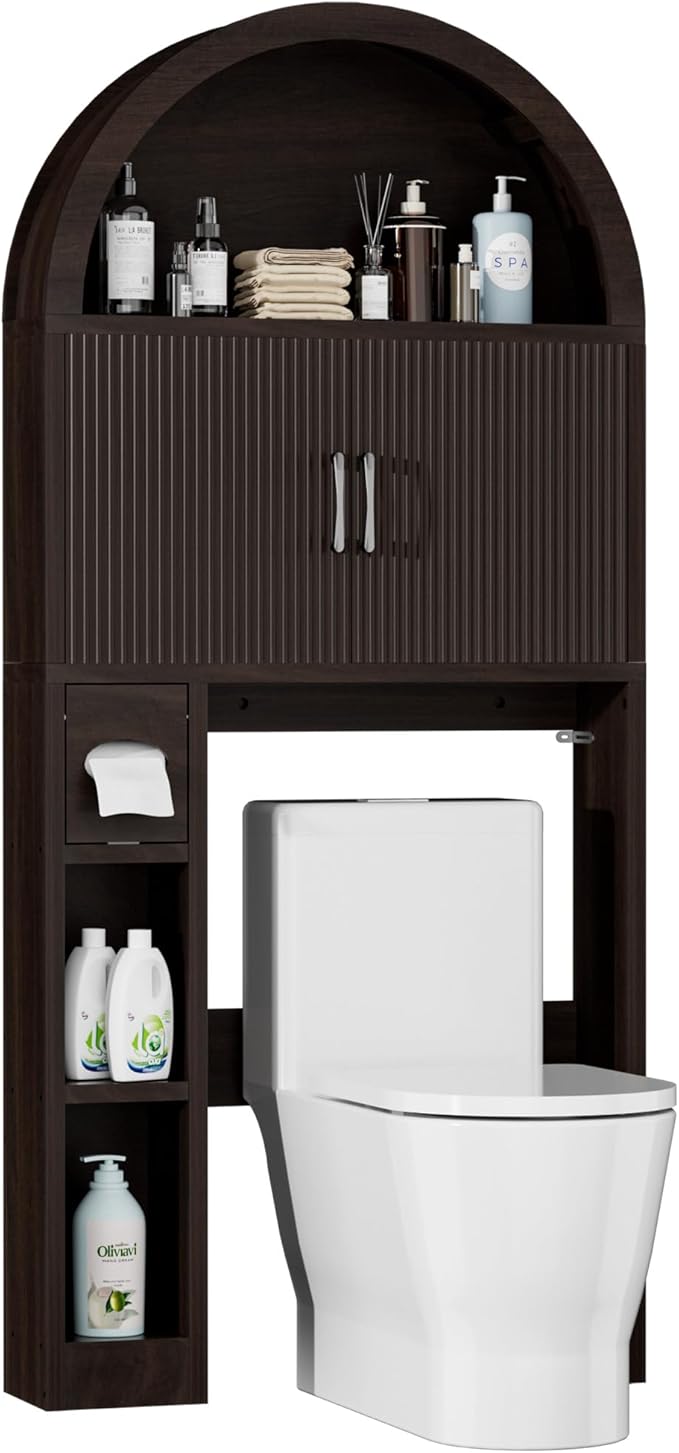 Over The Toilet Storage Cabinet, Bathroom Organizer Over Toilet, Arched Storage Organizer Cabinet with Anti-Tip Device and Adjustable Shelf for Washroom Laundry and Restroom, Espresso