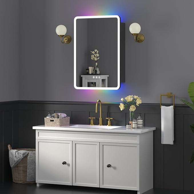 Medicine Cabinet with Lights, 16×24 Inch Lighted Wall Mounted Bathroom Mirror with Storage, LED Bathroom Cabinet with RGB Backlit and Front Lighted, Defogger, 3 Light Colors Dimmable
