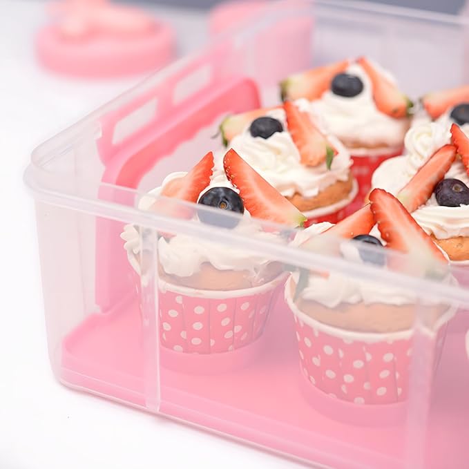 Cupcake Carrier Stackable Storage Container Collapsible Cake Carrier with Lid and Handle, with 50 PCS Cupcake liners,Reusable Plastic Dessert Travel Container,Transport Box (48 Cupcakes Pink)