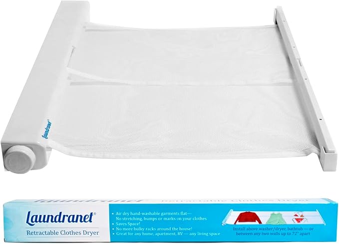 Retractable Clothes Drying Rack - Flat Hanging Mesh Drying for Delicate Clothes and Sweaters – Eliminate Bumps and Stretching from Hangers and Lines - 24" Wide and Opens Up to 72" - 1 Pack