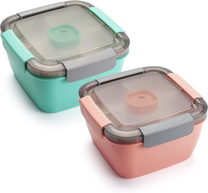 Freshmage Salad Lunch Containers To Go, 2 Pack 52-oz Bowls with 3 Compartments, Dressing Containers for Toppings, Snacks - Pink & Green