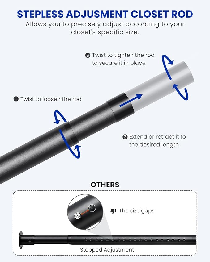 Closet Rods for Hanging Clothes, 17 to 129 Inches Stepless Adjustable Metal Closet Rod, 1.3 Inches Heavy Duty Clothes Hanging Rod for Closet Wardrobes Laundry RV, Black