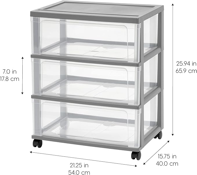 IRIS USA Plastic Drawer Storage Organizer Rolling Cart, with Wheels Casters, 3-Drawers, for Art Craft Supplies Bathroom Dorm Bedroom Laundry Room, Wide, Gray