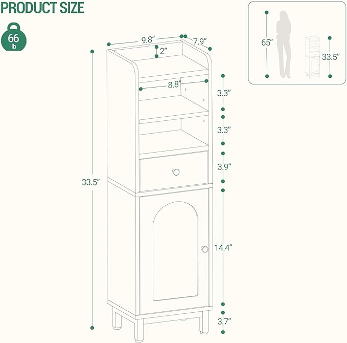 Bathroom Storage Cabinet, Corner Floor Cabinet with Drawers and Doors, Narrow Toilet Paper Holder, Bathroom Organizer with Adjustable Shelf, for Small Spaces, Black BC29804G