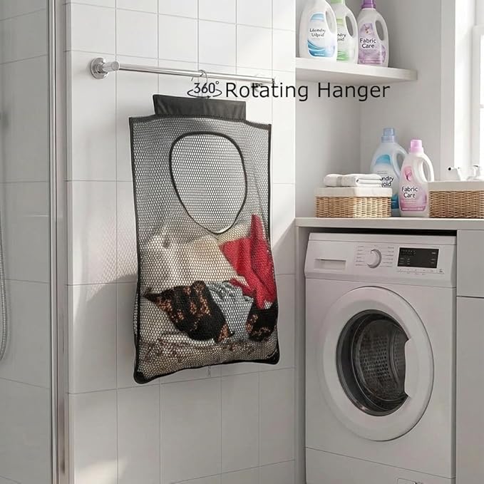 ALYER Breathable Mesh Laundry Hamper,Foldable Hanging Closet Storage Basket,Portable Space Saving Dirty Clothes Bag (Black)