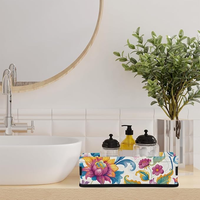 Small Bathroom Baskets for Toilet,Foldable Toilet Paper Tank Basket Organizer for Towels Storage Decorative Open Storage Bins for Home,Closet,Containers,Cabinet（Beautiful Flower ）