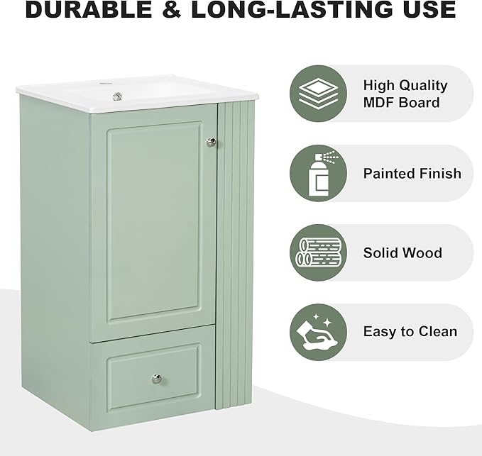 20 in Small Bathroom Vanity with Sink,Drawer,Doors and Side Storage & Toilet Paper Holder, Solid Wood & MDF Modern Single Bathroom Sink Cabinet with Drawers,Freestanding (Green,20 in)