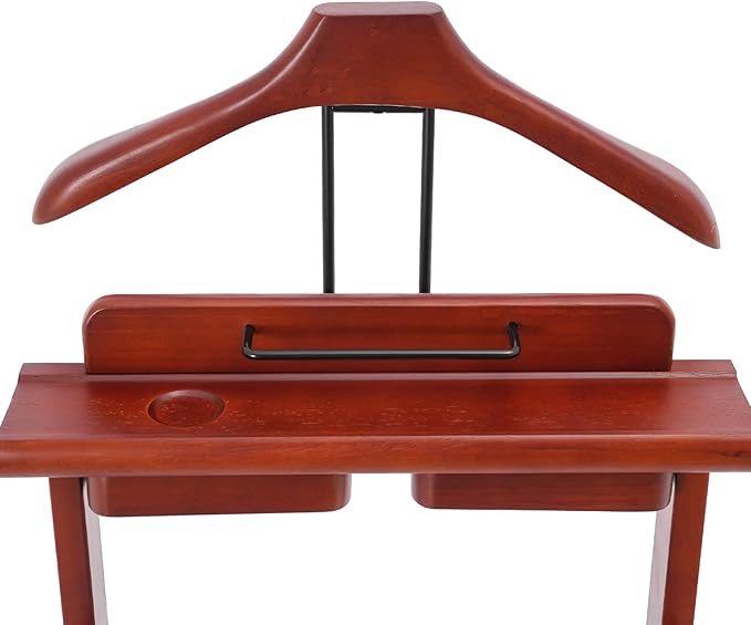 Suit Valet Stand for Men, Wood Freestanding Clothing Rack with Drawer, Top Tray, Contour Hanger, Trouser Bar, Tie & Belt Hooks and Shoe Rack Suit Stand w/Lockable Wheels