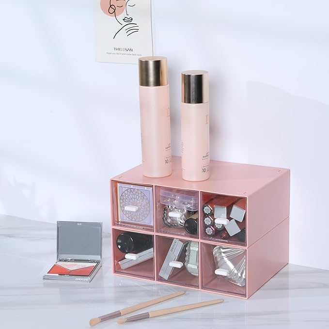Desktop Drawers, Desk Organizer with 6 Drawers, Stackable Plastic Storage Box for Home Collection, Cosmetics, Jewelry, Office Supplies (2 Tall Layers, Pink)