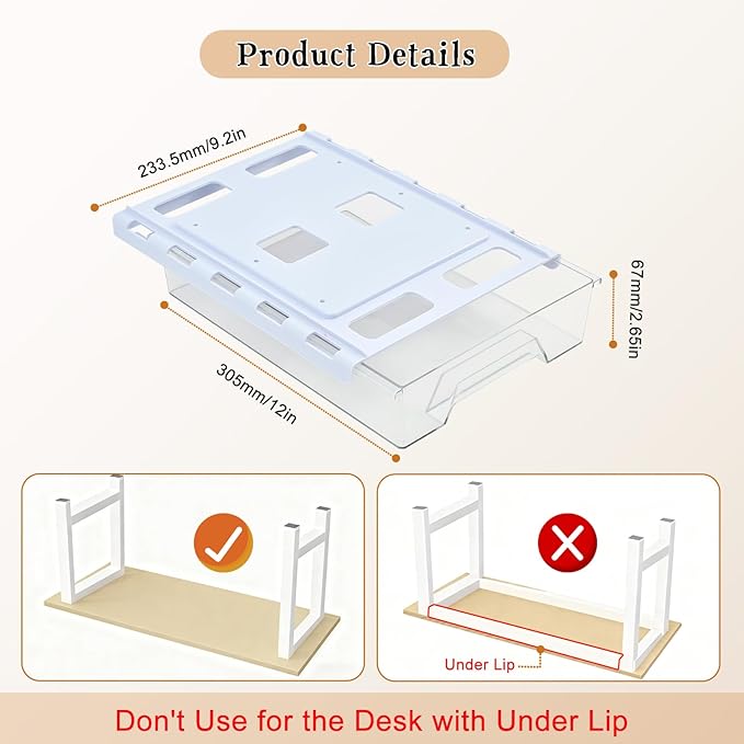 Upgraded Super Capacity 11.85 "x 8.9" Under Desk Drawer Hidden Strorage Drawer Self-Adhesive Slide Out with Smooth Gliding Motion - Attachable & Space-Saving Under Desk Organizer with Screw Kit, Clear