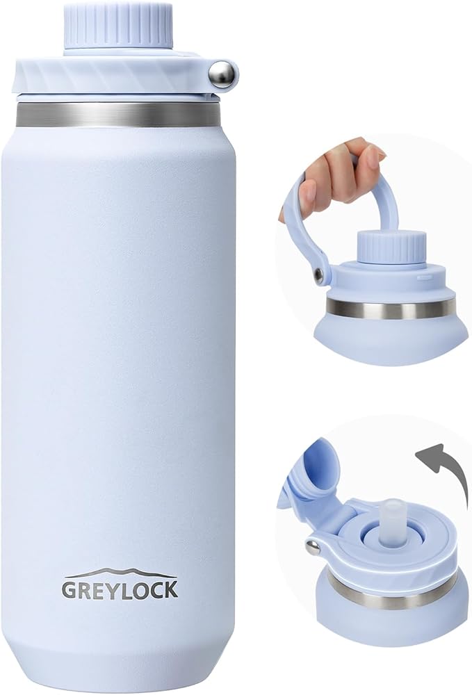 GREYLOCK 24 oz Insulated Water Bottle with Straw Lid, Leakproof Reusable Stainless Steel Vacuum Flask, 24hr Cold & Hot, Carry Handle & Silicone Spout, BPA-Free for Gym, Hiking, Travel,Blue