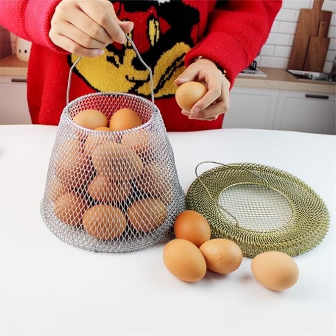 Collapsible Round Egg Basket - Metal Wire Storage with Handles, Perfect for Hanging & Family Farm Gathering - Gloden Basket for Chicken Farm, Holds 25 eggs, Small
