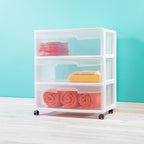 Sterilite Wide 3 Drawer Storage with Wheels, Plastic Rolling Organization Cart, White Frame