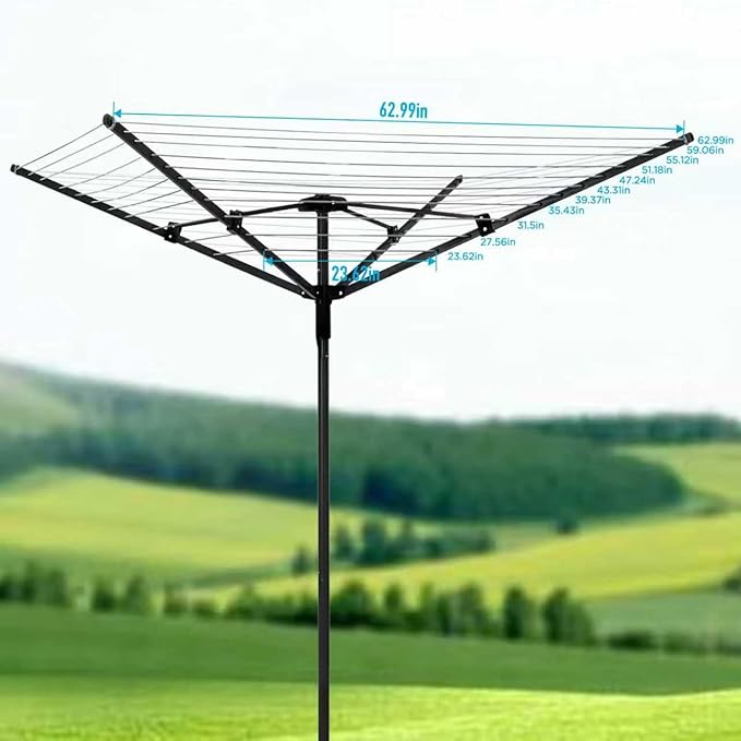 Umbrella Clothesline Outdoor |165 Feet Heavy Duty Rotary Outdoor Umbrella Drying Rack with 4-Aluminum Arms and Steel Post 12-Lines | Adjustable Height & Retractable Clothes Drying Rack for Backyard