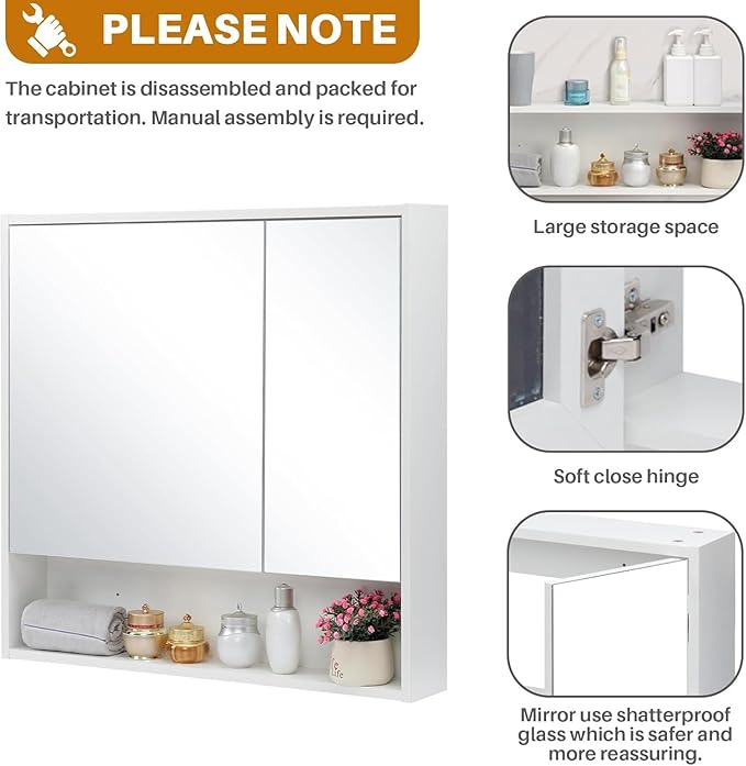 ALIMORDEN Medicine Cabinet with Mirror and Shelves, Bathroom Wood Wall Cabinet Over The Toilet, Vanity, Recessed or Surface Mount, 30.07 Inch x 30 Inch, White
