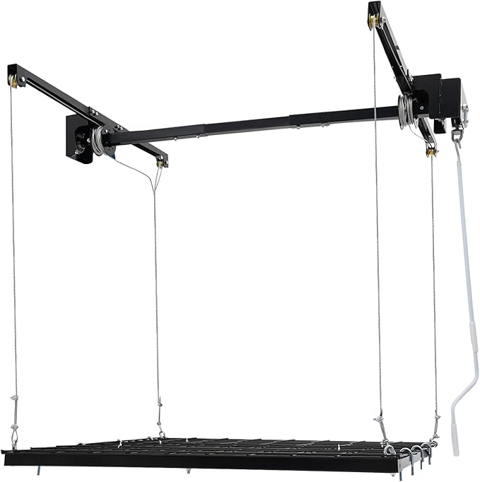 Overhead Garage Storage Rack, 48 * 48in Metal Garage Ceiling Rack Adjustable Organization System 300 Lbs Capacity Dual-Rope Design Riveted Construction Perforated Plates Smooth Edge