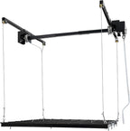 Overhead Garage Storage Rack, 48 * 48in Metal Garage Ceiling Rack Adjustable Organization System 300 Lbs Capacity Dual-Rope Design Riveted Construction Perforated Plates Smooth Edge