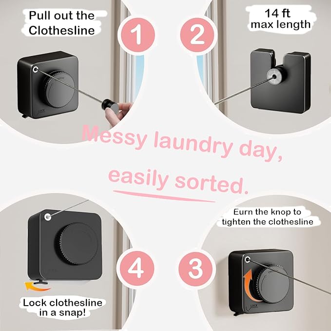 JXKNKSR-Telescopic Clothesline Indoor and Outdoor, Heavy-Duty Laundry Line, Wall Mounted, Safety Lock System (Black+10Clothes Pins)