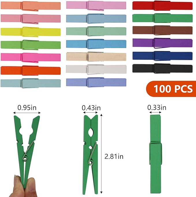 100Pcs Colored Clothes Pins Wooden, Clothespins for Crafts Cheer Pins Classroom Teaching Color, 2.9 inch, 20 Colors