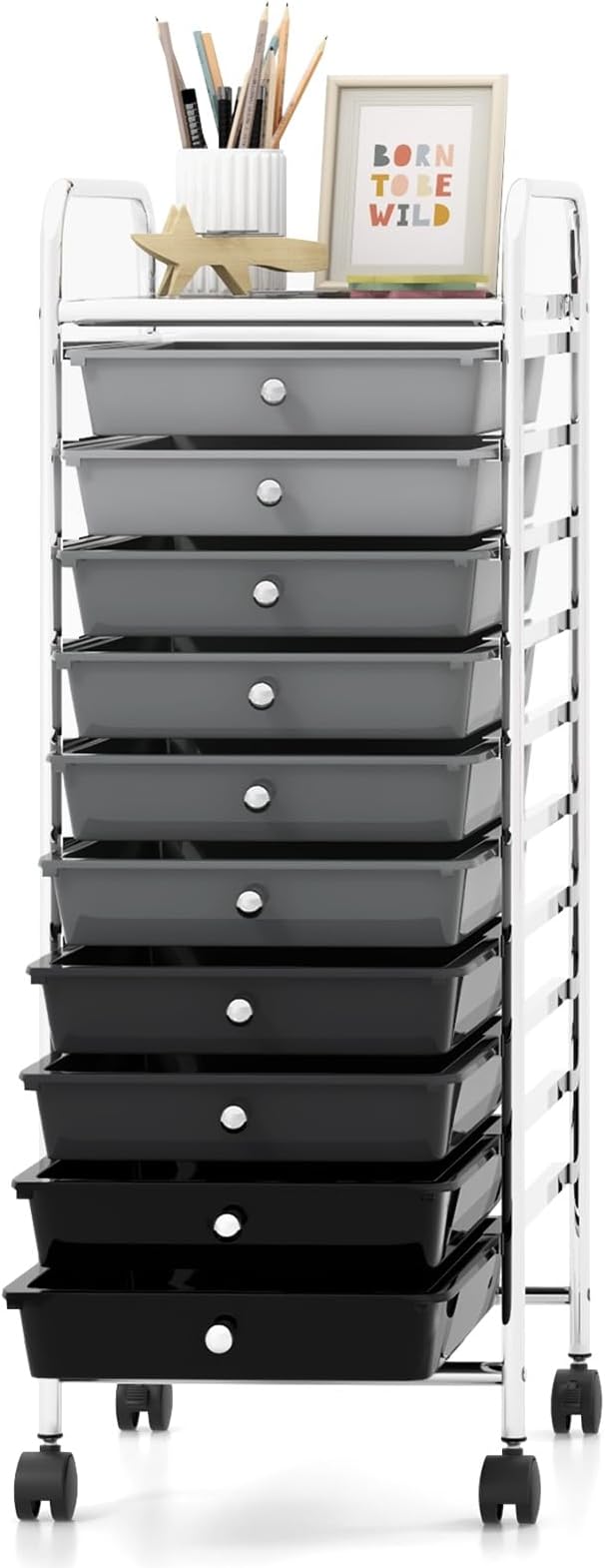 GOFLAME 10-Drawer Rolling Storage Drawer Cart, Utility Cart with Removable Drawers & Metal Frame, Mobile Art Craft Drawer Cart with Lockable Wheels for Home, Office, Studio, School, Gray Gradient