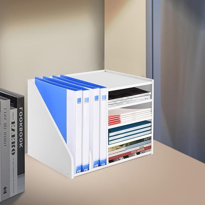 Desk Organizer for Office, 4 Tier Desktop Storage Cabinet File Holder with 2 Side Storage Cabinets, Storage Organizer Filing Case for Office Bedroom Home, L15.35*D12.2*H11.8in (White)