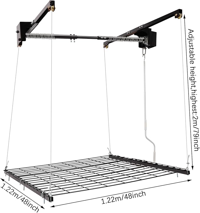 TBVECHI Overhead Garage Lifting Storage Rack, 4x4 Ft Heavy-Duty Metal Garage Ceiling Rack, Storage Organizer System with 79''L Adjustable Height, 300lbs Weight, Satin Black