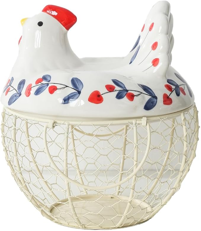 oskas Chicken Egg Holder, Fresh Egg Storage Basket Countertop,Decorative Ceramic Lid with Wire Basket,Holds 2 Dozen Egg, White3