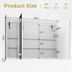Hasuit Lighted Medicine Cabinet with Mirror, Wall Mounted Bathroom Mirror with Storage, 3 Doors Bathroom Wall Cabinet with LED Lights, 39.4'' x 23.6''