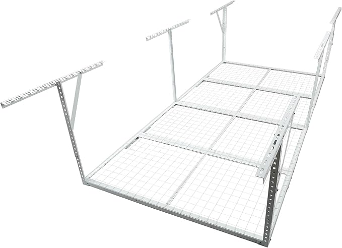 Overhead Garage Storage Rack, Heavy Duty Metal Ceiling Storage System, Adjustable 22"-40" Dropdown, 400/600 LBS Capacity, Maximize Vertical Storage for Garage/Workshop, (White, 3x8FT)