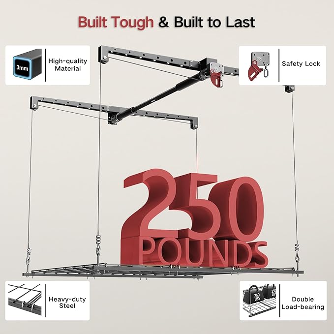 Overhead Garage Storage Lift, 4x4 Ft Ceiling Storage, Heavy-duty Ceiling Mounted Lift System, 250lbs Weight Capacity