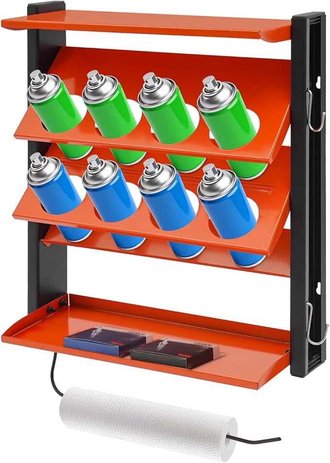 8 Slots Spray Can Holder, Wall Mounted Metal Storage Rack, Paper Towel Holder, Heavy Duty Paint Bottle Organizer for Garage, Workshop, Paint, Lubricant, Tools, DIY, Art Studio