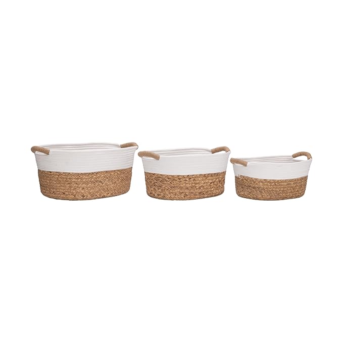 Seville Classics Premium Natural Handwoven Portable Laundry Bin Basket with Carrying Handles, Household Storage for Clothes, Linens, Sheets, Natural Water Hyacinth and White Rope, 3 Piece Set
