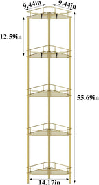 5 Tier Floor Standing Corner Shower Caddy Organizer Shelf with Hooks, Bathroom Shelves Stand Rack, Gold
