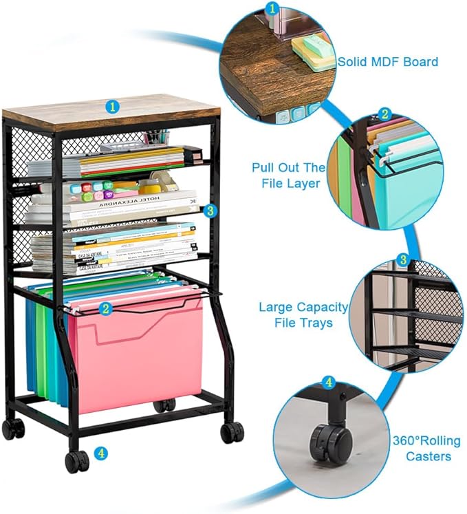 5-Tier Rolling File Cart, Under Desk Storage Organizer with Lockable Wheels & Mesh Sliding Trays, Multi-Functional Mobile Utility Cart for Office, Home, School, Black