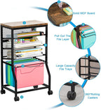 5-Tier Rolling File Cart, Under Desk Storage Organizer with Lockable Wheels & Mesh Sliding Trays, Multi-Functional Mobile Utility Cart for Office, Home, School, Black