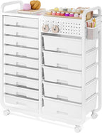 Rolling Storage Cart with 14 Drawers, Storage Organizer Cart with Tabletop and Pegboard,Utility Cart for Living Room, Classroom, Bedroom,Bathroom,Dorm,Office (White)