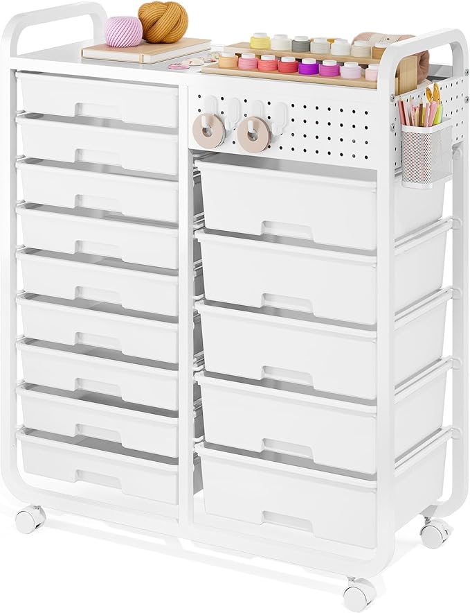 Rolling Storage Cart with 14 Drawers, Storage Organizer Cart with Tabletop and Pegboard,Utility Cart for Living Room, Classroom, Bedroom,Bathroom,Dorm,Office (White)