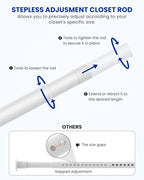 Closet Rods for Hanging Clothes, 17 to 39 Inches Stepless Adjustable Metal Closet Rod, 1.3 Inches Heavy Duty Clothes Hanging Rod for Closet Wardrobes Laundry RV, White
