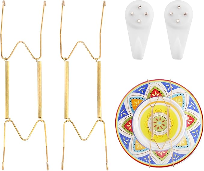 2 Pack Plate Hangers for Wall, Suitable for 9-12 inch Art Plate, Stainless Steel Invisible Heavy-Duty Wire Plate Holder with Wall Hooks, Display Hanger for Decorative Plates/Dishes/Platters(Gold)