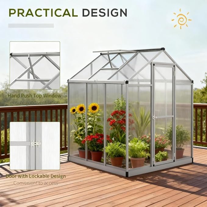 Aluminum Greenhouse with Polycarbonate Panels, Walk-in Garden Greenhouse for Outdoor Plant Growing, Durable Structure for Year-Round Gardening (Silver + Aluminum)