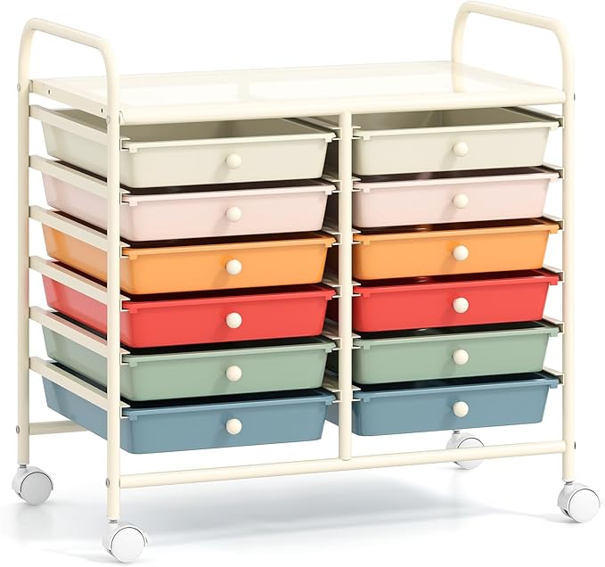 GOFLAME 12-Drawer Rolling Storage Cart, Multifunctional Art Craft Organizer Cart, Mobile Utility Storage Cart with Removable Drawers & Lockable Wheels, Craft Cart for Home Office School, Macaron Color