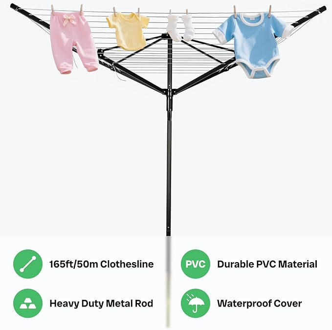Outdoor Umbrella Drying Rack, 4-Aluminum Arms Folding Rotary Dryer with 12 Lines 165 ft Drying Space Adjustable Height Clothesline w/Waterproof Cover & Ground Spike for Garden Backyard(Black)